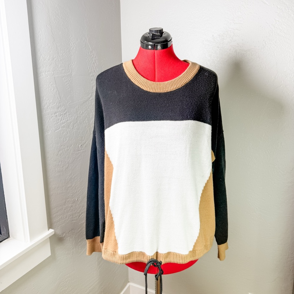 Lou & Grey Neutral Crewneck Colorblock Knit Cotton Tie Bottom Sweater Size XL